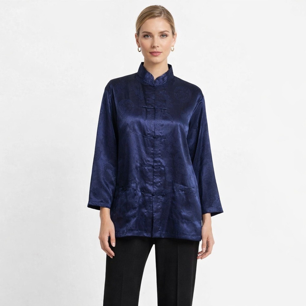 Liz Claiborne Collection Vintage Navy Dragon Silk Satin Jacquard Mandarin Jacket